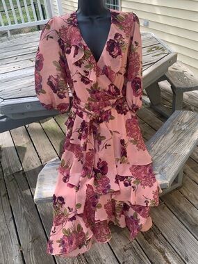 Betsey Johnson Pink Floral Wrap Midi Dress with Tiered Ruffles Rose Print 0 XS